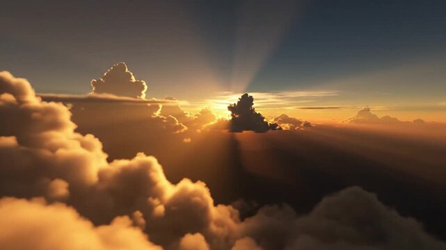 Golden sunbeams pierce through dramatic clouds at sunrise, creating a breathtaking celestial spectacle.