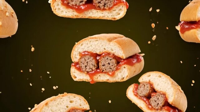 Appetizing meatball sandwiches levitating for Italian-American food advertising