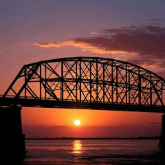 Fototapeta premium Sunset over a steel bridge water.