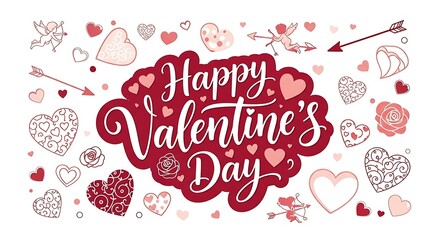 Valentine's Day celebration with hearts, flowers, and arrows surrounding the text in a festive illustration