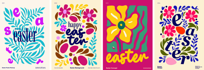Naklejka premium Сollection of Easter-themed posters featuring colorful floral and egg designs. Each poster showcases unique typography and playful patterns, perfect for celebrating 