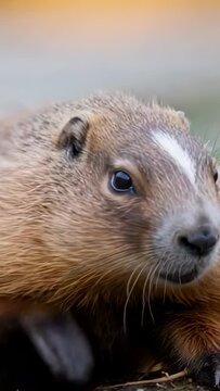Vertical video: Sensing motion squirrel shifting head nibbling short grass on soil scanning area