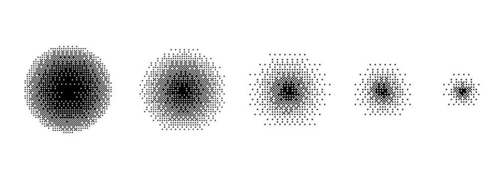 Bitmap Style Halftone Dot Circle Set.circular halftone gradients in bitmap style with low resolution pixelated dots for digital art, tech graphics, retro screen effects, abstract compositions.Vector
