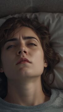 Vertical video: Opening eyes, woman lying on pillow in bed, reacting to soft light in gray sweater