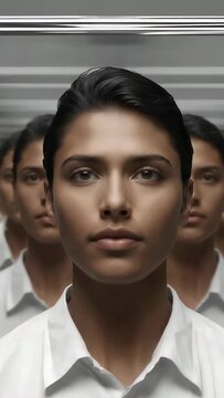 Vertical video: Standing Indian woman in white shirt in hall in moving strip light, revealing rows