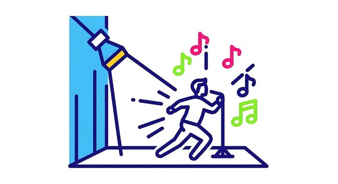 Performer sings into microphone under stage spotlight with musical notes.