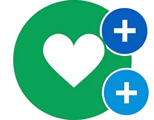 Obraz premium Graphic design of a white heart inside a green circle, with two blue circles, each with a white plus sign