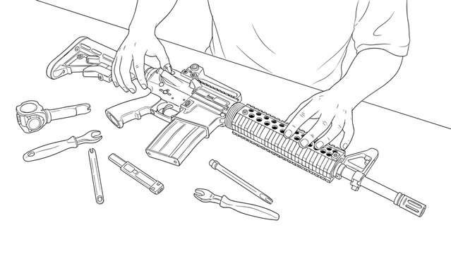 Line art: gun assembly and maintenance with tools on table