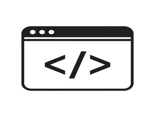 Simple black line icon depicting a browser window displaying code symbols for programming