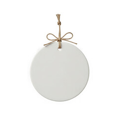 Blank white round ceramic ornament with jute string isolated on transparent background