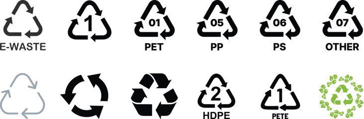 Set recycle sign or packaging sign for products. Period After Opening PAO label. Green dot recycling symbol. Recycling Codes. Don't litter sign. Vector Illustration