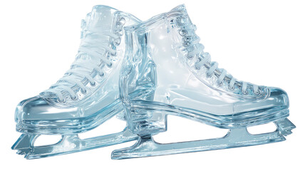A pair of stylish transparent winter boots and leather figure skates with sharp blades are isolated on a white background for a sporty fashion illustration or footwear design