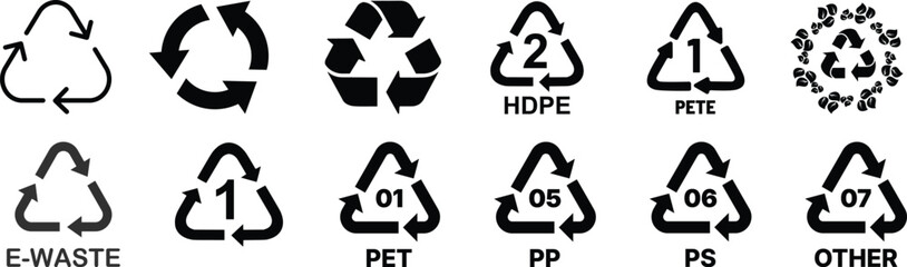 Set recycle sign or packaging sign for products. Period After Opening PAO label. Green dot recycling symbol. Recycling Codes. Don't litter sign. Vector Illustration