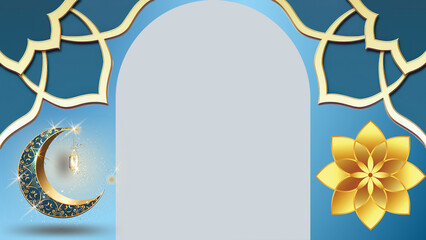 Elegant Islamic background design with golden crescent moon, lantern, and ornate geometric patterns, perfect for cultural celebrations, festive greetings, and religious events