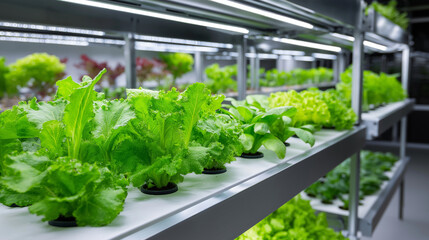 Indoor vertical farm showcasing vibrant hydroponic greens, all-season cultivation, controlled environment agriculture, sustainable food production, modern farming technology, year-