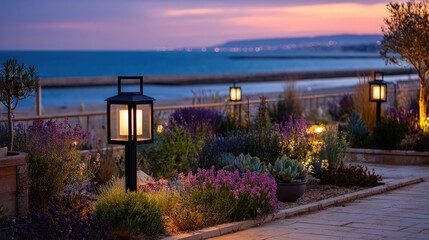 Illuminated garden lanterns brighten a coastal landscape during twilight hours