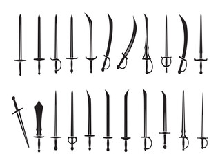 Collection of vintage swords and blades in a monochrome illustrative style on a white background