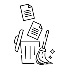 Data Cleaning Trash Bin Broom Line Icon Vector for App Website Infographic