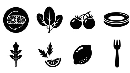 Obraz premium Minimalist black and white food icons set with herbs and utensils