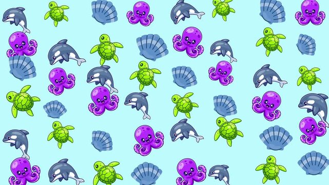 Pattern of sea creatures perfect for marinethemed designs, wallpapers, fabrics, merchandise, or educational material relating to marine biology and conservation.