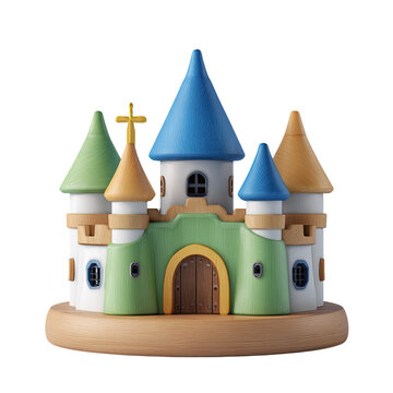 Colorful rendered illustration of a cartoon castle toy with multiple towers and a golden cross