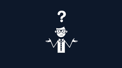 White Stick Figure Man with Glasses and Bow Tie Shrugging with Question Mark on Dark Blue Background