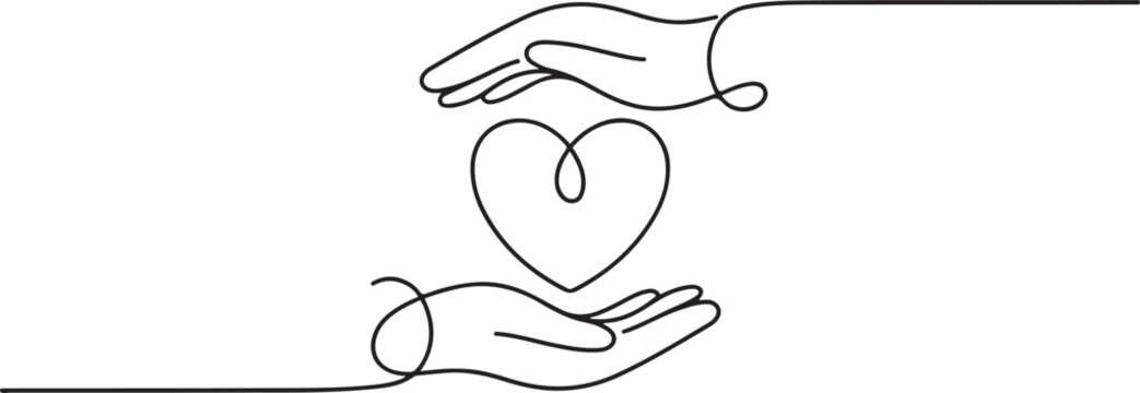 Two hands, one above and one below, protect a heart shape.one line vector illustration with white background.