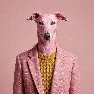 Fashionable Pink Greyhound Dog Wearing Blazer and Sweater on Pink Background