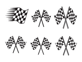 Collection of checkered racing flags in various dynamic poses and arrangements isolated on white