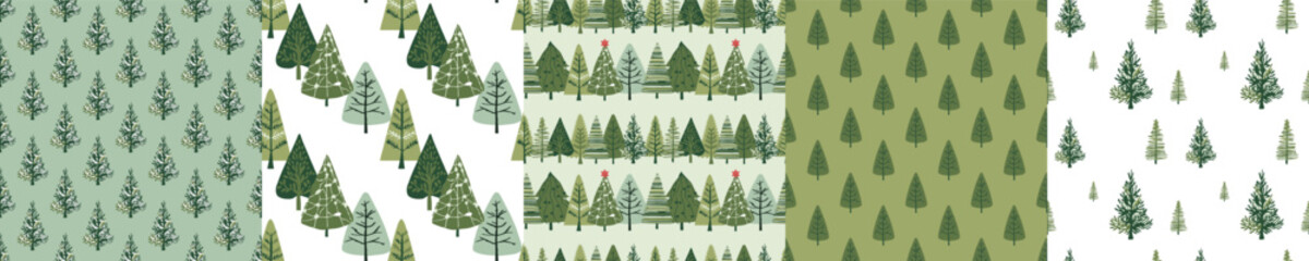 Big collection Christmas Tree seamless pattern background. Holidays wrapper typography design, Template for advertising, web, social media, web