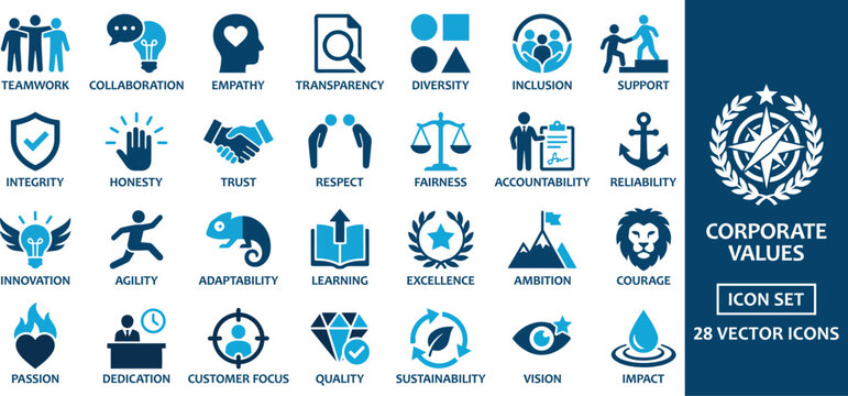 Corporate values and business ethics icon set. Featuring teamwork, innovation, integrity, and sustainability. Flat duotone vector pictograms for professional mission statements.