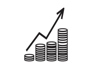 Financial growth illustrated with a rising arrow and stacked coin columns in a simple black and white style