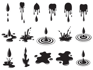 Collection of abstract black ink splatters and drips isolated on a white background for design elements