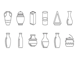 Collection of vintage glass bottles and vases line art illustration isolated on white background
