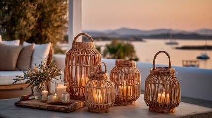Group of woven lanterns illuminates an outdoor terrace overlooking a calm sea during twilight