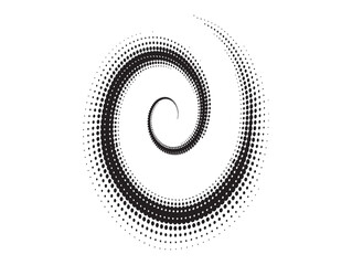 Abstract black spiral design created with textured dots on a clean white background
