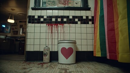 Dripping crimson liquid stains white tiled wall near a container marked with a bright heart symbol
