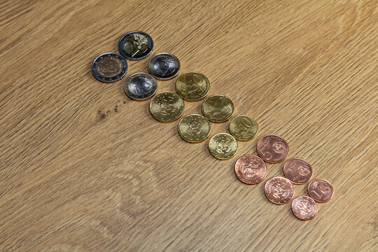 New collection of Bulgarian euro cent coin sets isolated on wooden background, Bulgaria in the European Union 2026.