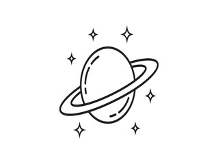 Hand drawn illustration of a planet with rings and sparkling stars on a white background