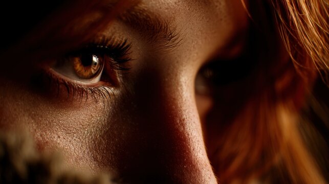 Macro shot of detailed hazel human eye looking forward with natural eyelashes