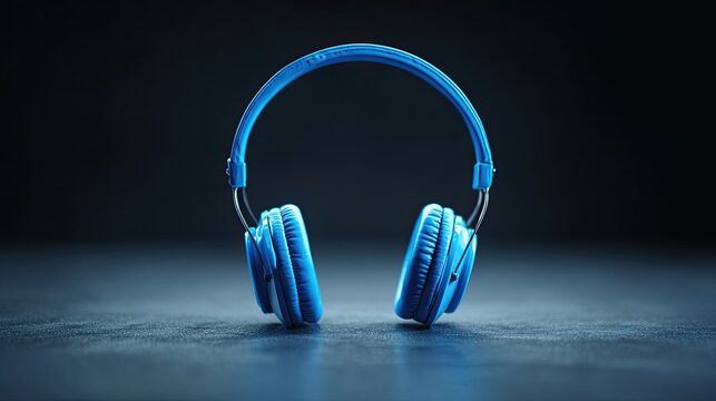 Bright blue personal listening device rests centered on a dark textured surface with dramatic lighting