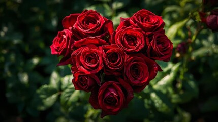 The image shows beautiful red rose petals in a garden, arranged in the shape of a heart.