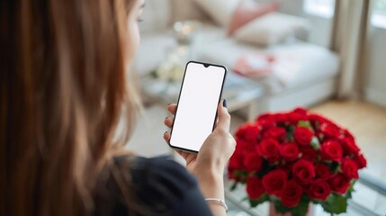 A white woman with long hair stands with her back to the camera, holding a cell phone. The phone screen is blank. She is in a living room where a bouquet of red roses sits on a table.