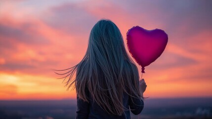 A photograph of a woman with long hair from behind, holding a pink heart-shaped balloon against a sunset sky.