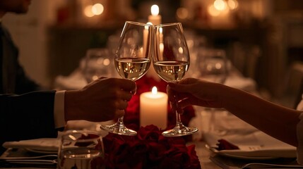 A romantic candlelit evening. A man and woman hold wine glasses, clinking them together on a Valentine's Day dinner table. Red roses and romantic lights.