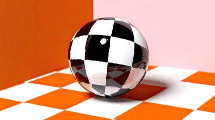 Glossy sphere with a black and white checkered pattern rests on a matching tiled surface in a brightly colored room