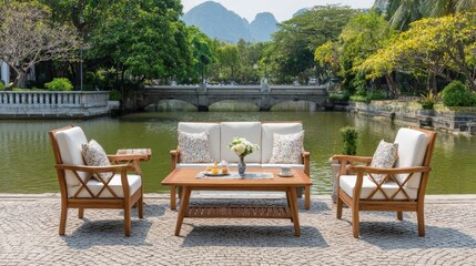 Wooden outdoor furniture set rests beside calm water with lush greenery and distant hills in background