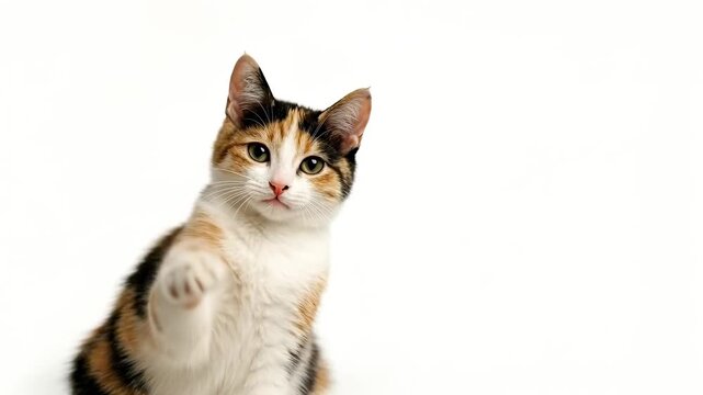A cheerful calico cat a clean white background waves one paw playfully, showcasing its unique coat pattern with patches of black, orange, and white fur. 