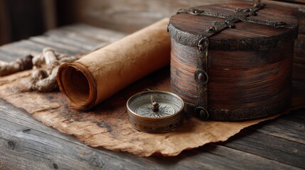 Old compass, rolled map, and wooden treasure box on an antique wood table. Adventure discovery and historical concept.