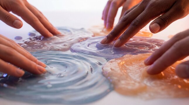 Close-up de m&atilde;os humanas tocando superf&iacute;cies abstratas macias e l&iacute;quidas